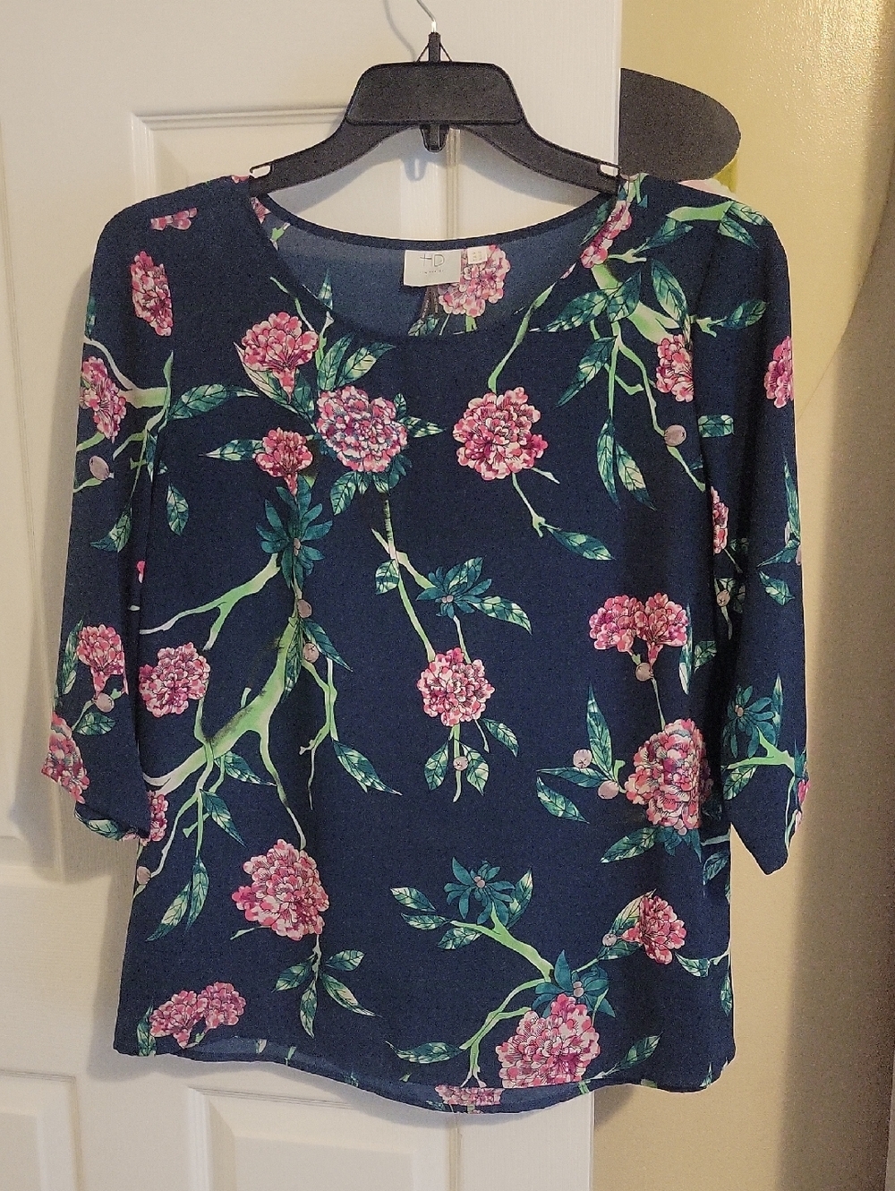 HD in Paris Sz12 Green Sheer Blouse with Pink Floral Print 3/4 sleeve